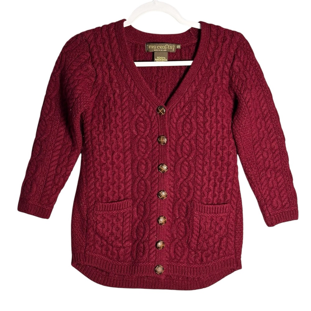 InisCrafts Sz S Merino Wool Cable Knit Cardigan Sweater Leather Button Fisherman